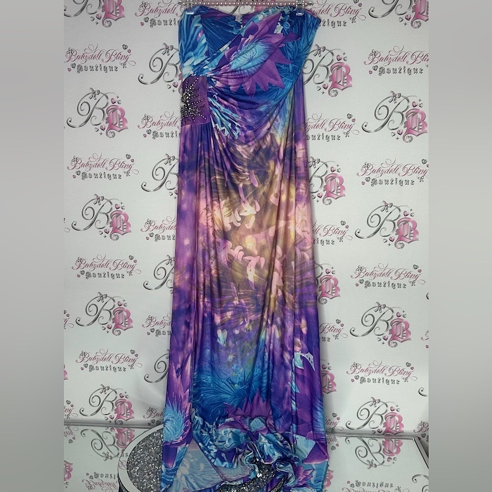 QED London dress gown strapless firework floral Elegant Purple and Pink Gown